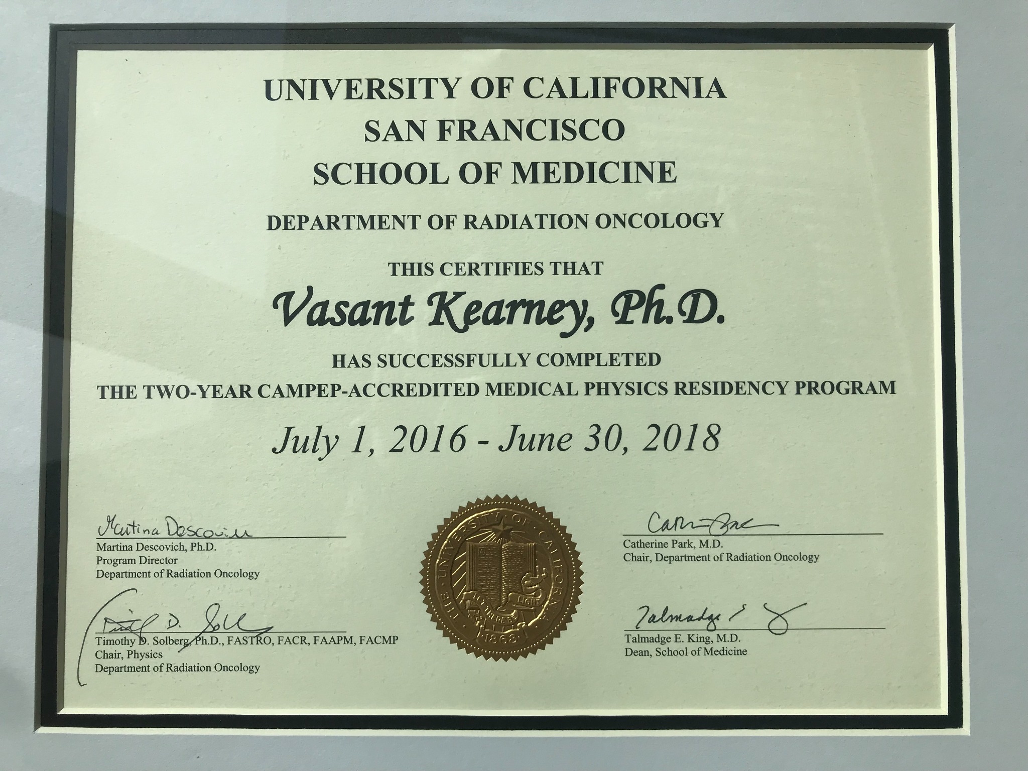 UCSF School of Medicine Department of Radiation Oncology medical physics residency certificate for Vasant Kearney